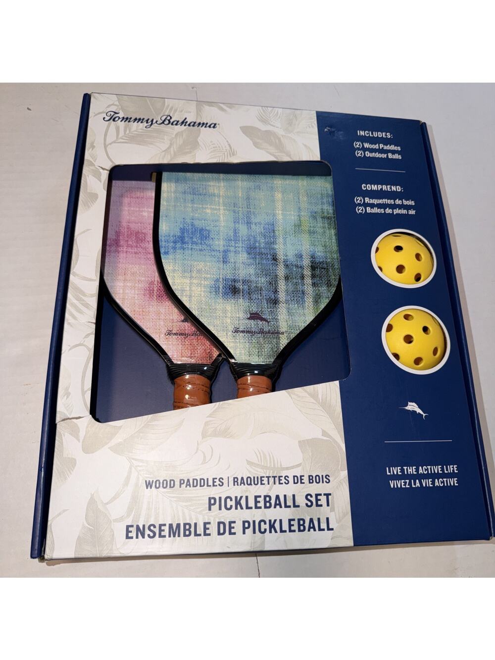 Tommy Bahama Pickleball Set 2 Wood Paddles Palm Game Balls Monstera Leaves Beach